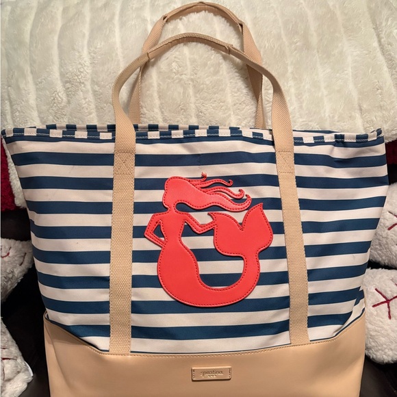 Spartina 449 Blue and White Striped Tote with Coral Mermaid